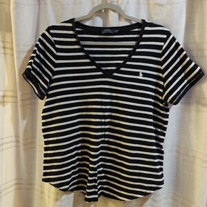 100% Cotton Polo by Ralph Lauren Women's Black and White Striped Tee
